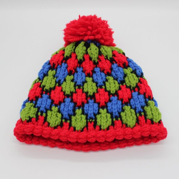 Vintage Hand Knit Pom Pom Beanie, Colorful Unisex Hat - Picture 2 of 6